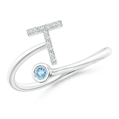 Angara Capital "t" Diamond Initial Ring With Bezel-set Aquamarine In Blue