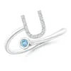 Angara Capital "u" Diamond Initial Ring With Bezel-set Aquamarine In White Gold/swiss Blue