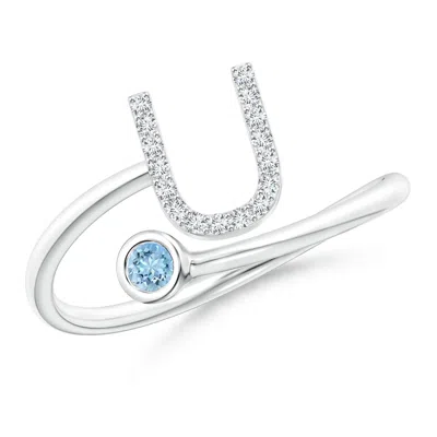 Angara Capital "u" Diamond Initial Ring With Bezel-set Aquamarine In White