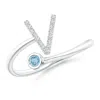 Angara Capital "v" Diamond Initial Ring With Bezel-set Aquamarine In White Gold/swiss Blue