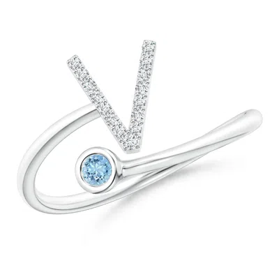 Angara Capital "v" Diamond Initial Ring With Bezel-set Aquamarine In White