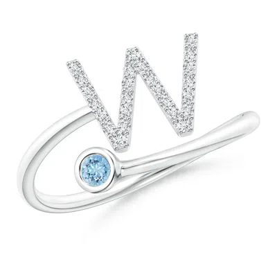 Angara Capital "w" Diamond Initial Ring With Bezel-set Aquamarine In Blue