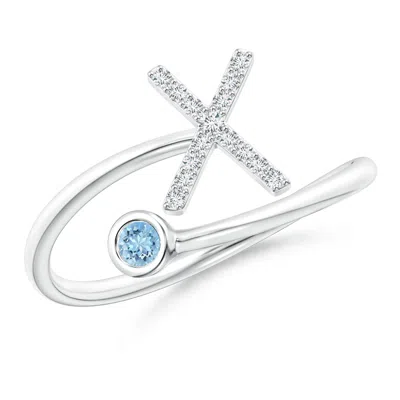 Angara Capital "x" Diamond Initial Ring With Bezel-set Aquamarine In White