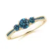 Angara Cathedral Three Stone Enhanced Blue Diamond Engagement Ring In Yellow Gold/teal Blue