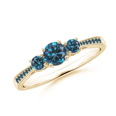 Angara Cathedral Three Stone Enhanced Blue Diamond Engagement Ring In Gold