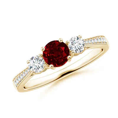 Angara Cathedral Three Stone Ruby & Diamond Engagement Ring In Gold