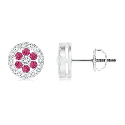 Angara Channel-set Pink Sapphire Flower Studs With Diamond Halo In Metallic