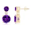 Angara Classic Amethyst Two Stone Drop Earrings With Bezel Diamond In Yellow Gold/dark Purple