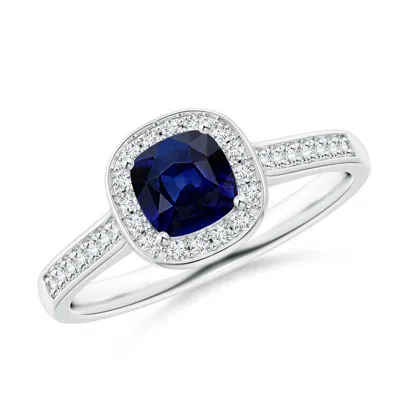Angara Classic Cushion Blue Sapphire Engagement Ring With Diamond Halo In Metallic