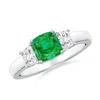 Angara Classic Cushion Emerald And Trapezoid Diamond Three Stone Engagement Ring In White Gold/rich Medium Green