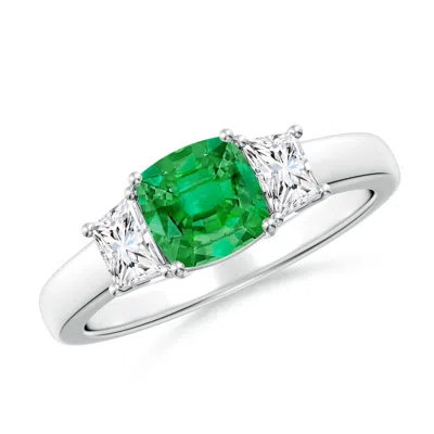 Angara Classic Cushion Emerald And Trapezoid Diamond Three Stone Engagement Ring In Green
