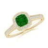 Angara Classic Cushion Emerald Ring With Diamond Halo In Yellow Gold/rich Green