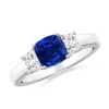 Angara Classic Cushion Lab-grown Blue Sapphire And Trapezoid Diamond Three Stone Engagement Ring In White Gold/deep Rich Blue