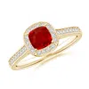 Angara Classic Cushion Ruby Ring With Diamond Halo In Yellow Gold/medium Red