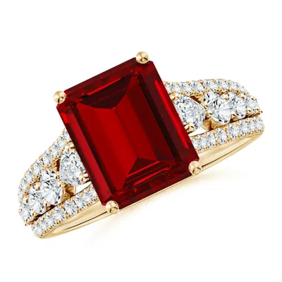 Angara Classic Emerald-cut Lab-grown Ruby Split Shank Engagement Ring With Accents In Gold