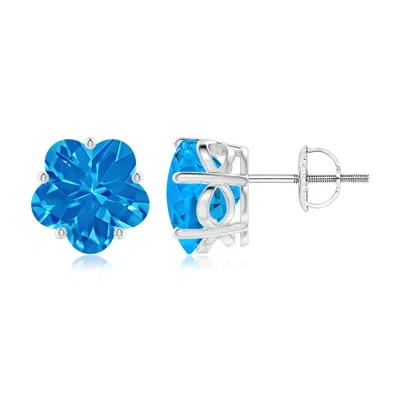 Angara Classic Five-petal Flower Swiss Blue Topaz Stud Earrings