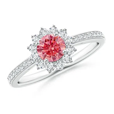 Angara Classic Floral Halo Round Lab-grown Fancy Intense Pink Diamond Ring With Accents In Metallic