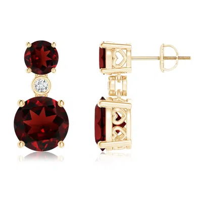 Angara Classic Garnet Two Stone Drop Earrings With Bezel Diamond In Gold
