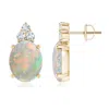 Angara Classic Oval Opal Solitaire Stud Earrings With Trio Diamonds In Yellow Gold/milky With High Play Of Colour