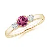 Angara Classic Pink Tourmaline And Diamond Three Stone Ring In Yellow Gold/rich Pink