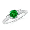 Angara Classic Prong Set Round Emerald And Diamond Three Stone Ring In White Gold/rich Green