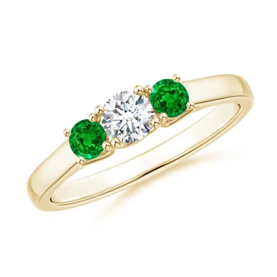 Angara Classic Round Diamond And Emerald Three Stone Ring In Gold