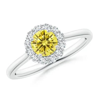 Angara Classic Round Lab-grown Fancy Intense Yellow Diamond Scalloped Halo Ring In Metallic