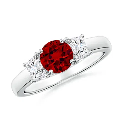 Angara Classic Round Lab-grown Ruby And Trapezoid Diamond Three Stone Engagement Ring In Metallic