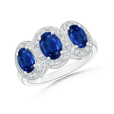 Angara Classic Three Stone Blue Sapphire Ring With Diamond Halo