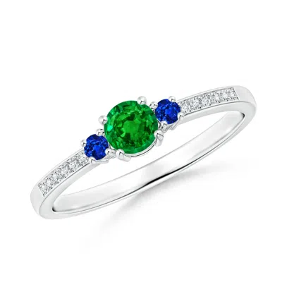 Angara Classic Three Stone Emerald And Blue Sapphire Engagement Ring In Metallic
