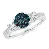 Angara Classic Three Stone Lab-grown Alexandrite And Diamond Ring In White Gold/bluish Green Changing To Brownish Or Pinkish Purple