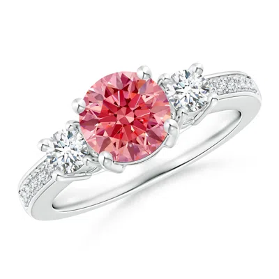 Angara Classic Three Stone Lab-grown Fancy Intense Pink And White Diamond Ring In Metallic