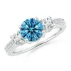 Angara Classic Three Stone Round Fancy Intense Blue And White Diamond Engagement Ring