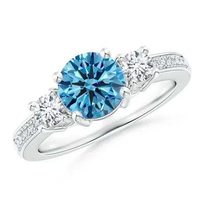 Angara Classic Three Stone Round Fancy Intense Blue And White Diamond Engagement Ring