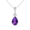 Angara Claw-set Amethyst Drop Pendant With Trio Diamonds In White Gold/dark Purple