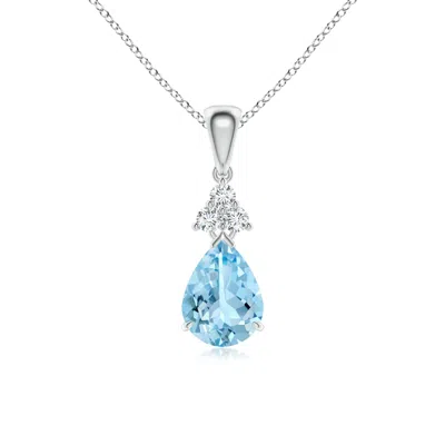 Angara Claw-set Aquamarine Drop Pendant With Trio Diamonds In Metallic