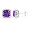 Angara Claw-set Cushion Amethyst Beaded Halo Stud Earrings In White Gold/dark Purple