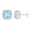 Angara Claw-set Cushion Aquamarine Beaded Halo Stud Earrings In White Gold/light Swiss Blue