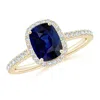 Angara Claw Set Cushion-cut Blue Sapphire Ring With Diamonds In Yellow Gold/medium To Rich Blue