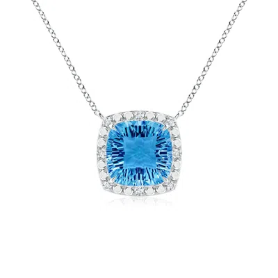 Angara Claw-set Cushion Swiss Blue Topaz Pendant With Beaded Halo