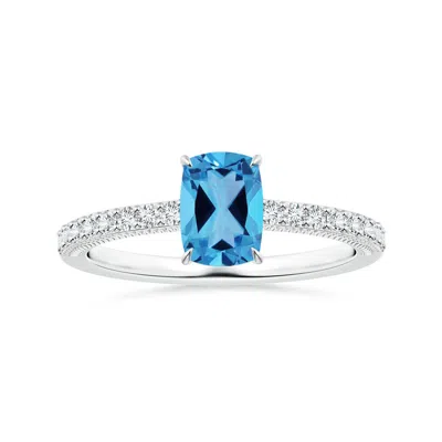 Angara Claw-set Gia Certified Cushion Rectangular Swiss Blue Topaz Leaf Ring With Diamonds