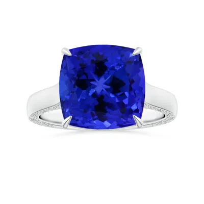 Angara Claw-set Gia Certified Cushion Tanzanite Solitaire Ring With Scrollwork In Blue
