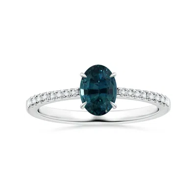 Angara Claw-set Gia Certified Oval Teal Sapphire Reverse Tapered Ring With Diamonds In Blue
