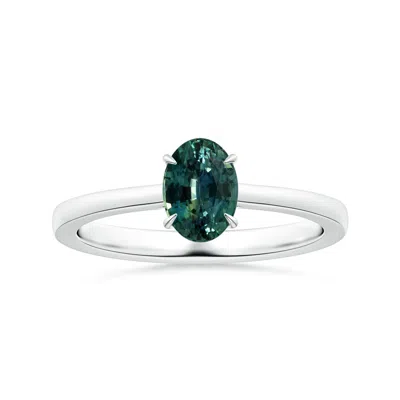 Angara Claw-set Gia Certified Solitaire Oval Teal Sapphire Reverse Tapered Shank Ring In Green