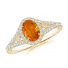 Angara Claw-set Oval Orange Sapphire Split Shank Halo Ring In Yellow Gold/deep Orange