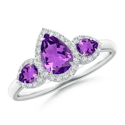 Angara Claw-set Pear Amethyst Three Stone Ring With Diamond Halo