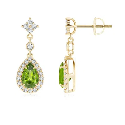Angara Claw-set Pear Peridot And Diamond Halo Drop Earrings In Gold