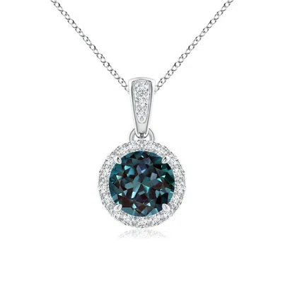 Angara Claw-set Round Lab-grown Alexandrite Pendant With Diamond Halo In Metallic