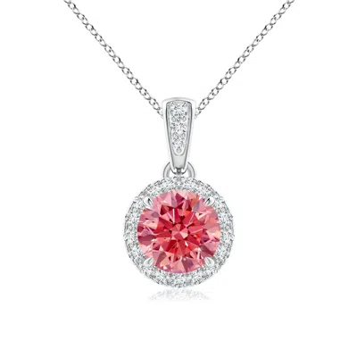 Angara Claw-set Round Lab-grown Fancy Intense Pink Diamond Pendant With Halo In Metallic