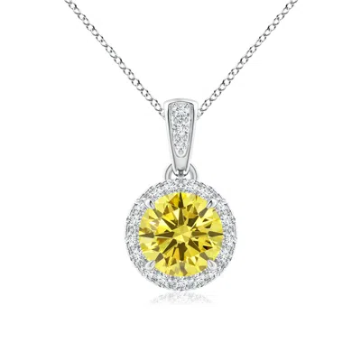 Angara Claw-set Round Lab-grown Fancy Intense Yellow Diamond Pendant With Halo In Metallic